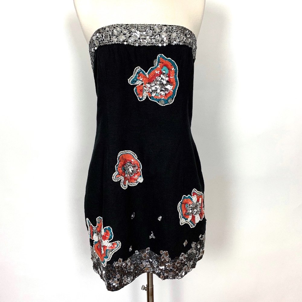 French Connection Black Mini Dress Jeweled Flowers